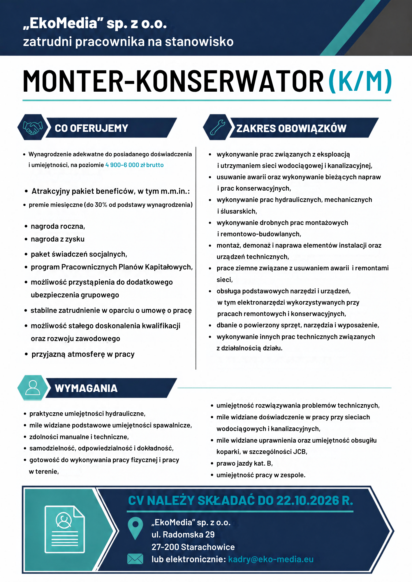 Read more about the article Ogłoszenie pracy Monter-Konserwator w EkoMedia sp. z o.o.